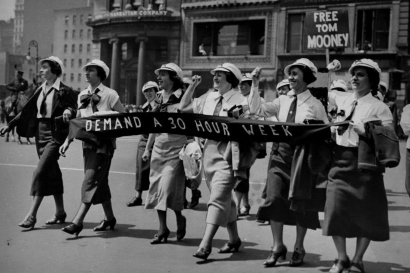 UNITED STATES - MAY 01:  Women workers in the May Day Parade in Union Square demand a 30 hour work week.  (Photo by Tom Watson/NY Daily News Archive via Getty Images)